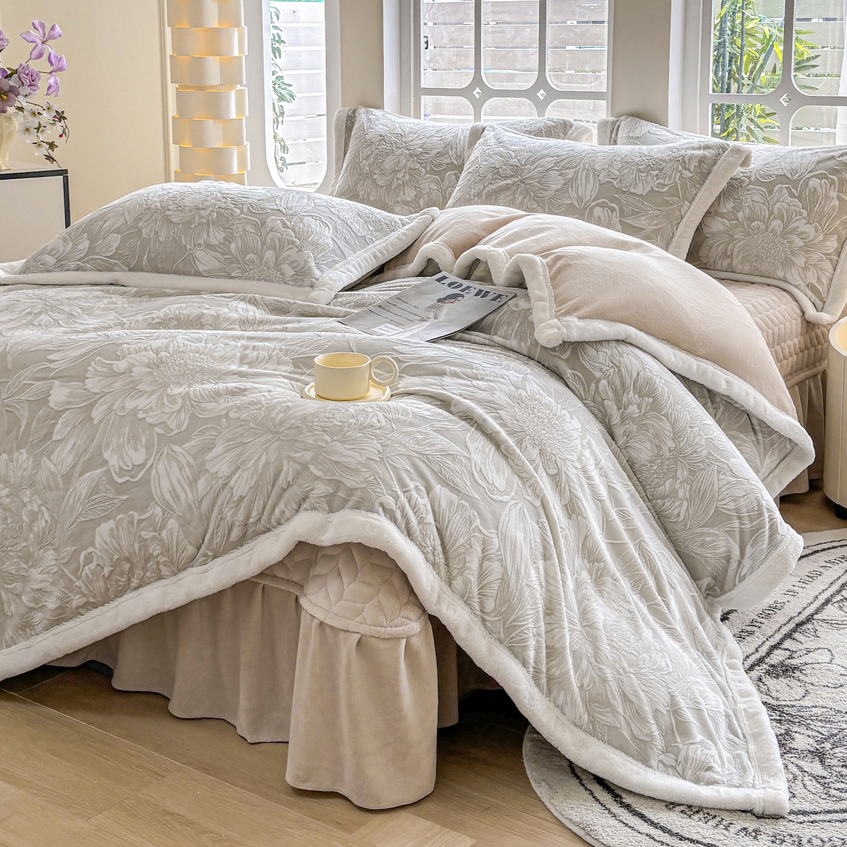 91家纺网 家纺一手货源 找家纺 金艾草 2025新款雕花绒兔毛包边牛奶绒床盖款四件套 芳华-米驼