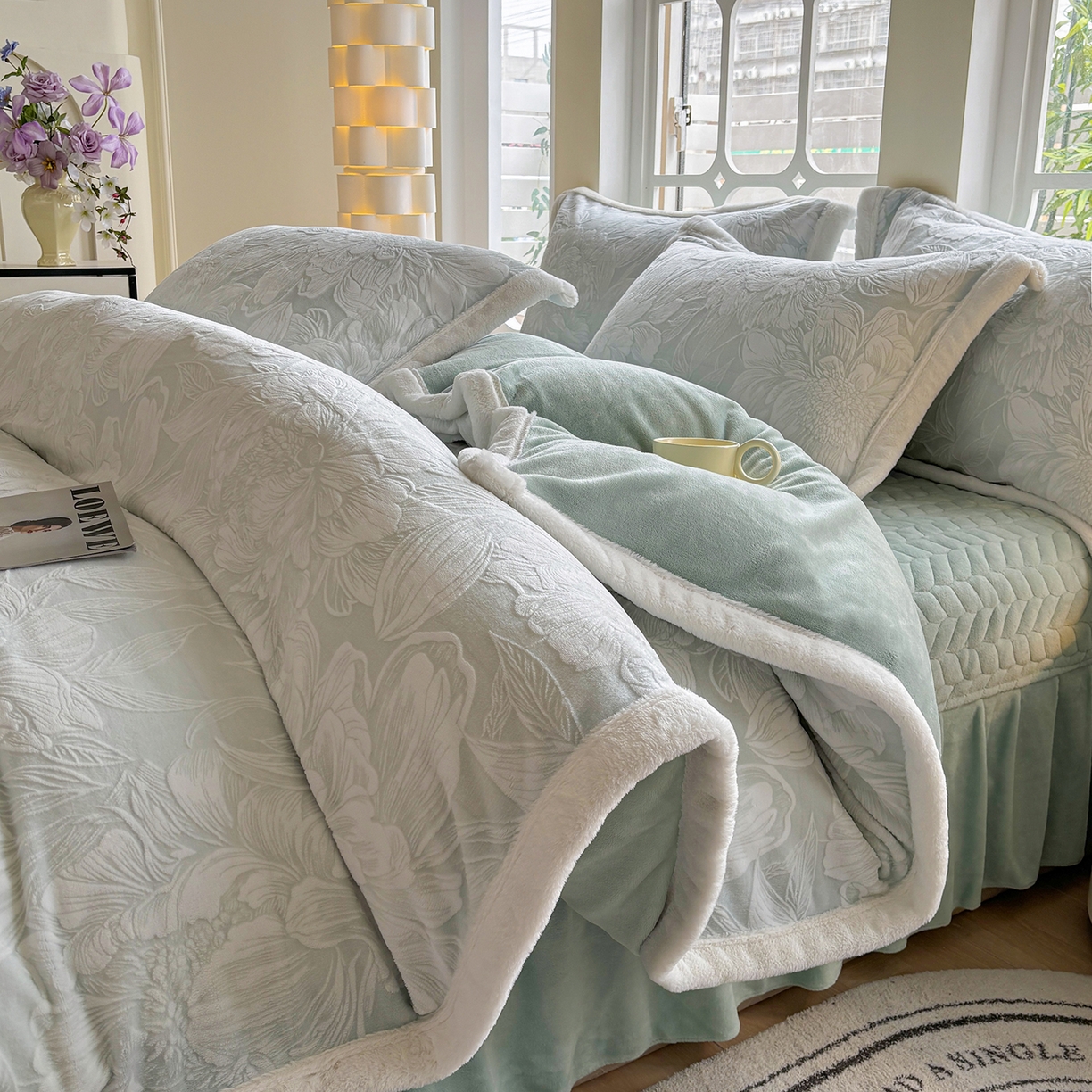 91家纺网 家纺一手货源 找家纺 （总）金艾草 2025新款雕花绒兔毛包边牛奶绒床盖款四件套