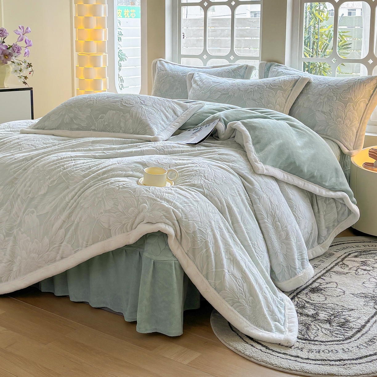 91家纺网 家纺一手货源 找家纺 （总）金艾草 2025新款雕花绒兔毛包边牛奶绒床盖款四件套