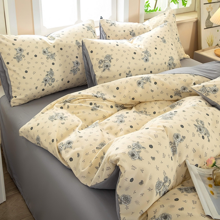 91家纺网 家纺一手货源 找家纺 梓依家纺 2025新款水洗棉印花四件套单被套床上用品 玫瑰蝶影