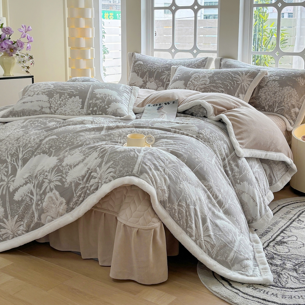91家纺网 家纺一手货源 找家纺 金艾草 2025新款雕花绒兔毛包边牛奶绒床盖款四件套 森林秘境-灰