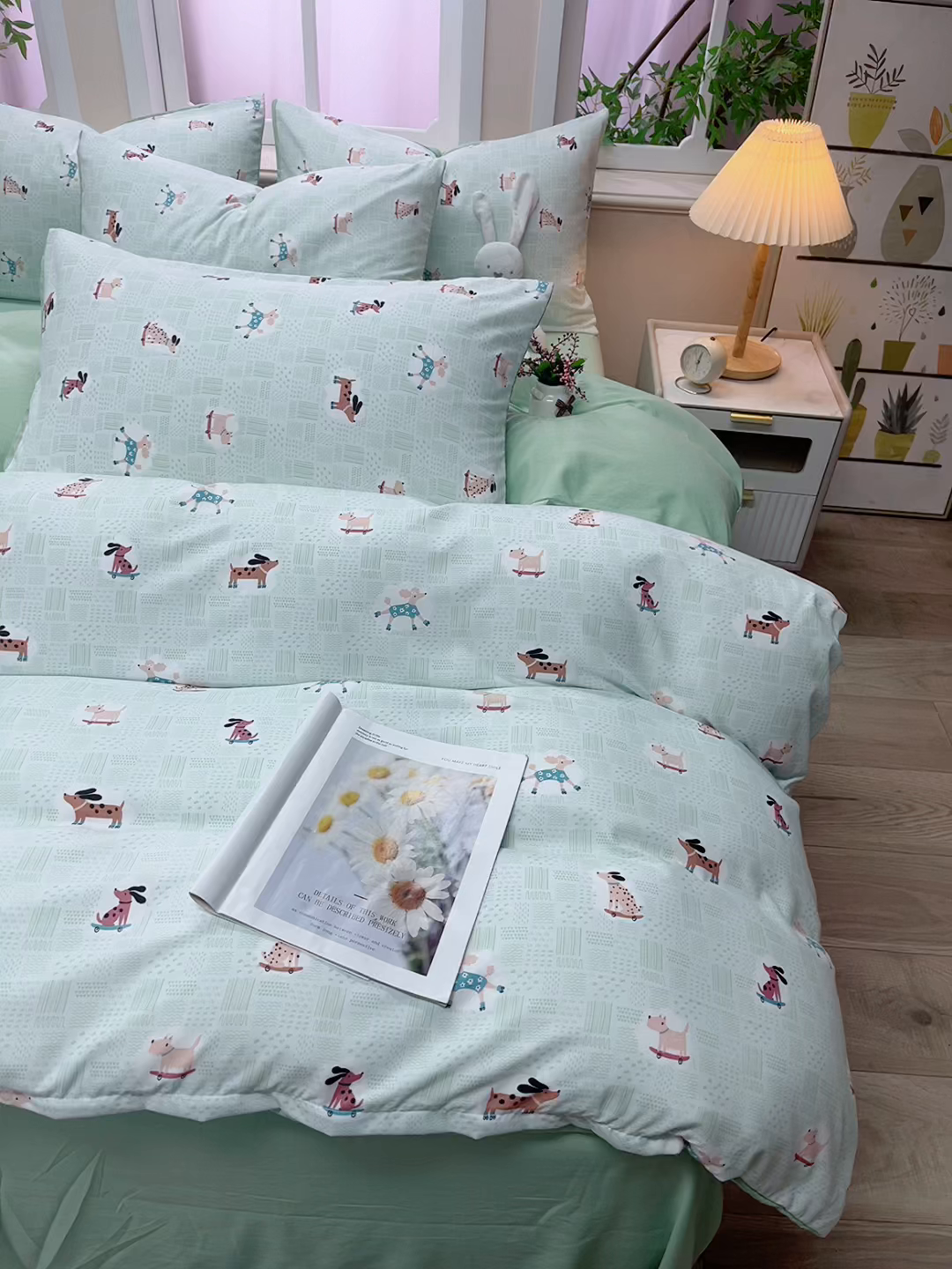 91家纺网 家纺一手货源 找家纺 梓依家纺 2025新款水洗棉印花四件套单被套床上用品 萌犬趣行