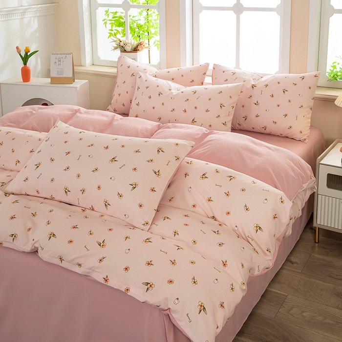 91家纺网 家纺一手货源 找家纺 梓依家纺 2025新款水洗棉印花四件套单被套床上用品 浅粉花语