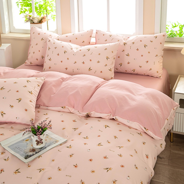 91家纺网 家纺一手货源 找家纺 梓依家纺 2025新款水洗棉印花四件套单被套床上用品 浅粉花语