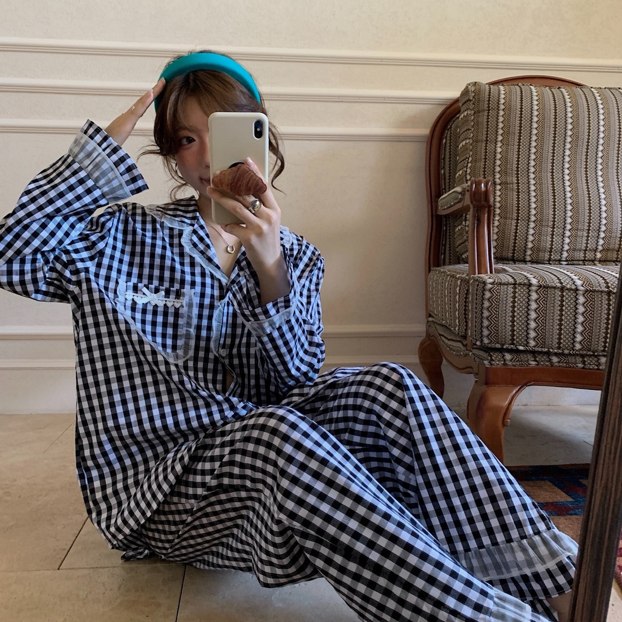 妍景家居生活馆 2025新款花边格子泡泡棉简约套装 黑色