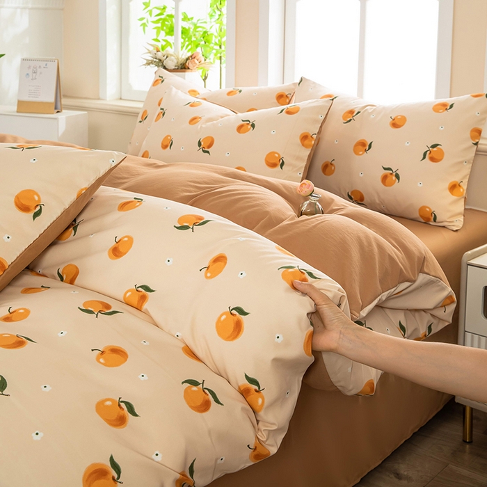 91家纺网 家纺一手货源 找家纺 梓依家纺 2025新款水洗棉印花四件套单被套床上用品 浅桃橘影