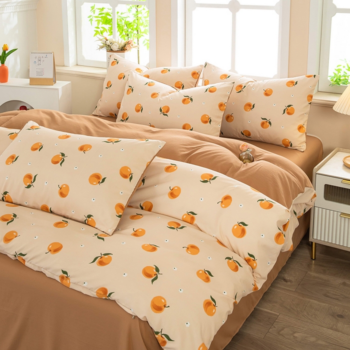 91家纺网 家纺一手货源 找家纺 梓依家纺 2025新款水洗棉印花四件套单被套床上用品 浅桃橘影