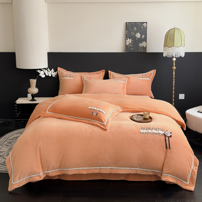 优姿家纺 2025新款10斤牛奶绒绣花宽边花边压线保暖四件套-幽香玫瑰 幽香玫瑰—桔色
