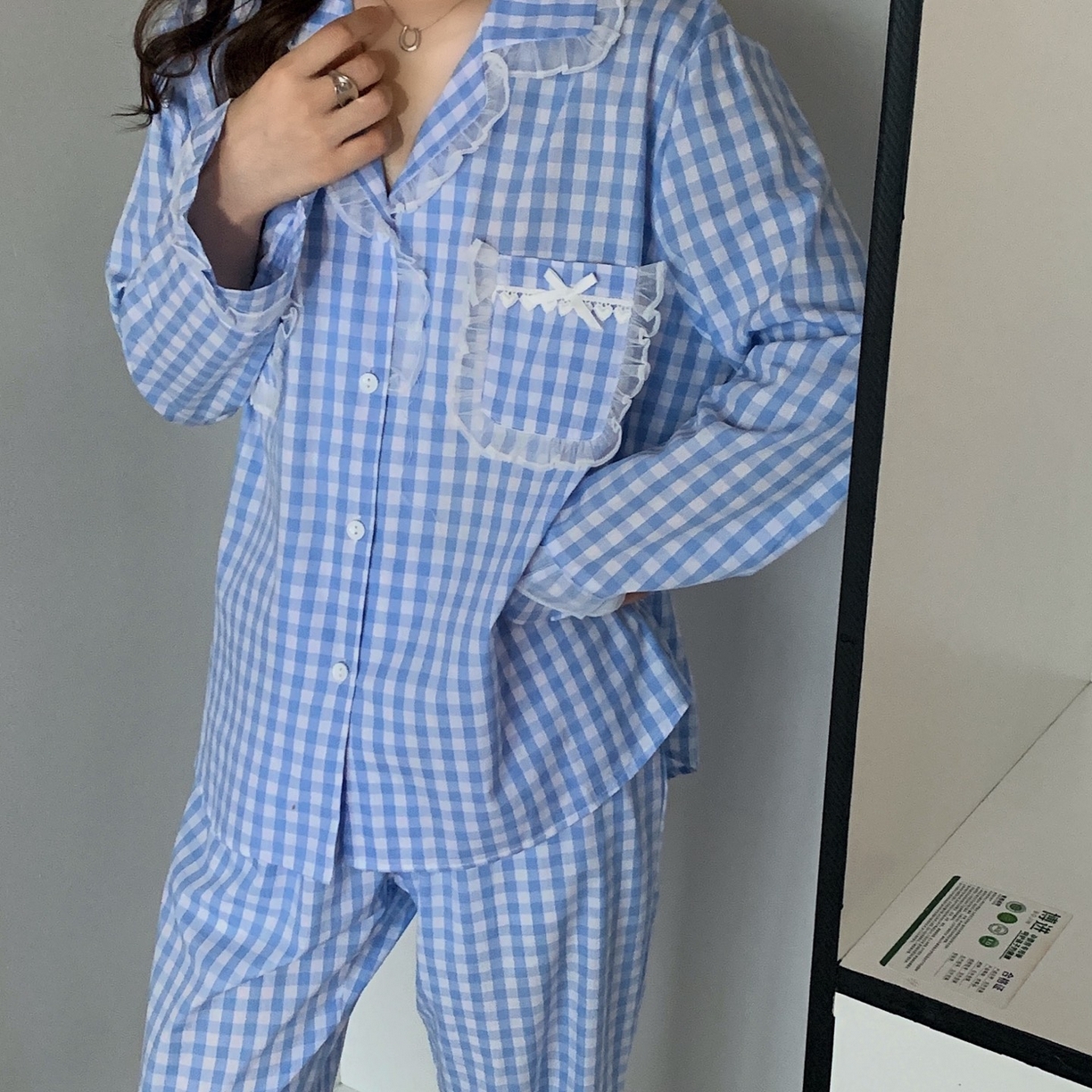 91家纺网 家纺一手货源 找家纺 妍景家居生活馆 2025新款花边格子泡泡棉简约套装 蓝色