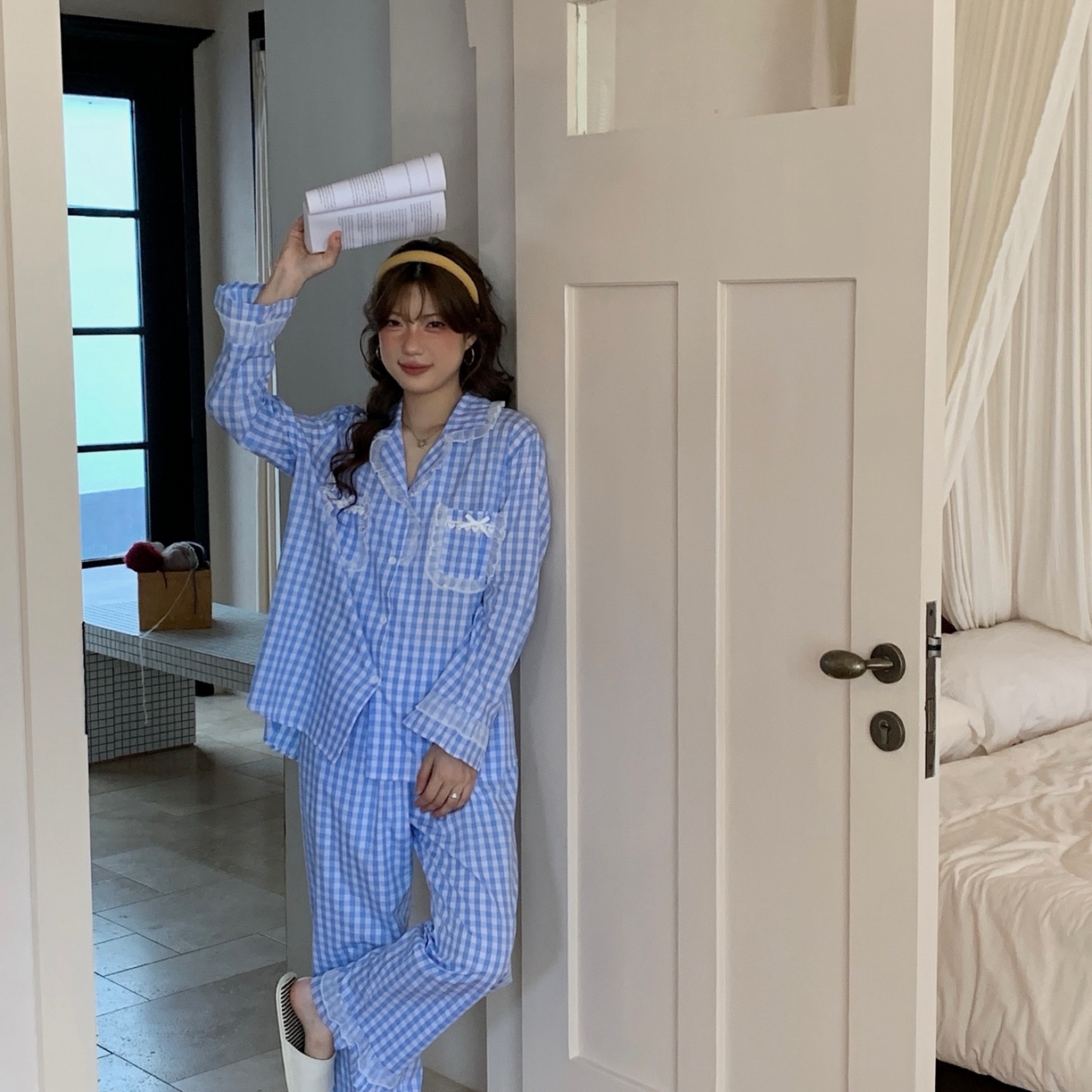 91家纺网 家纺一手货源 找家纺 妍景家居生活馆 2025新款花边格子泡泡棉简约套装 蓝色