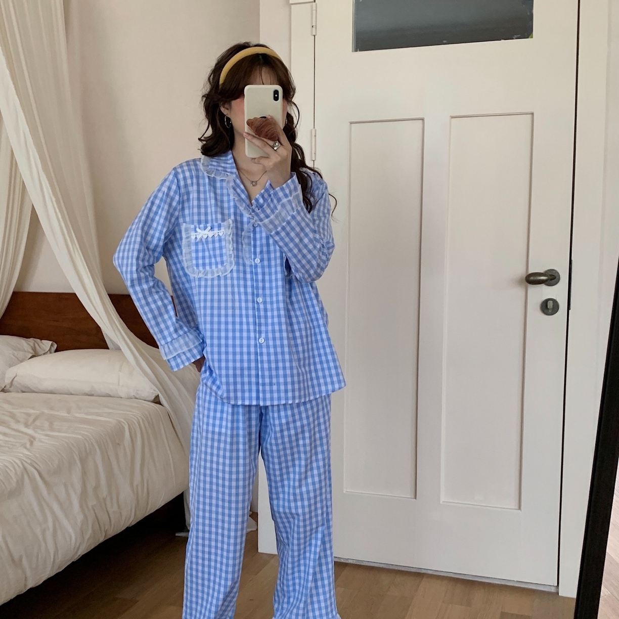 妍景家居生活馆 2025新款花边格子泡泡棉简约套装 蓝色