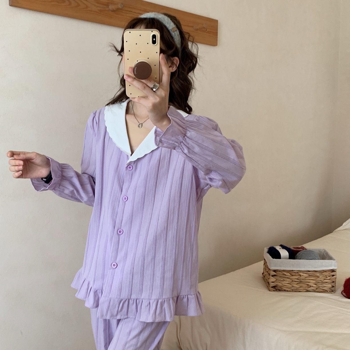 91家纺网 家纺一手货源 找家纺 妍景家居生活馆 2025新款法式提花波浪荷叶边套装 紫色