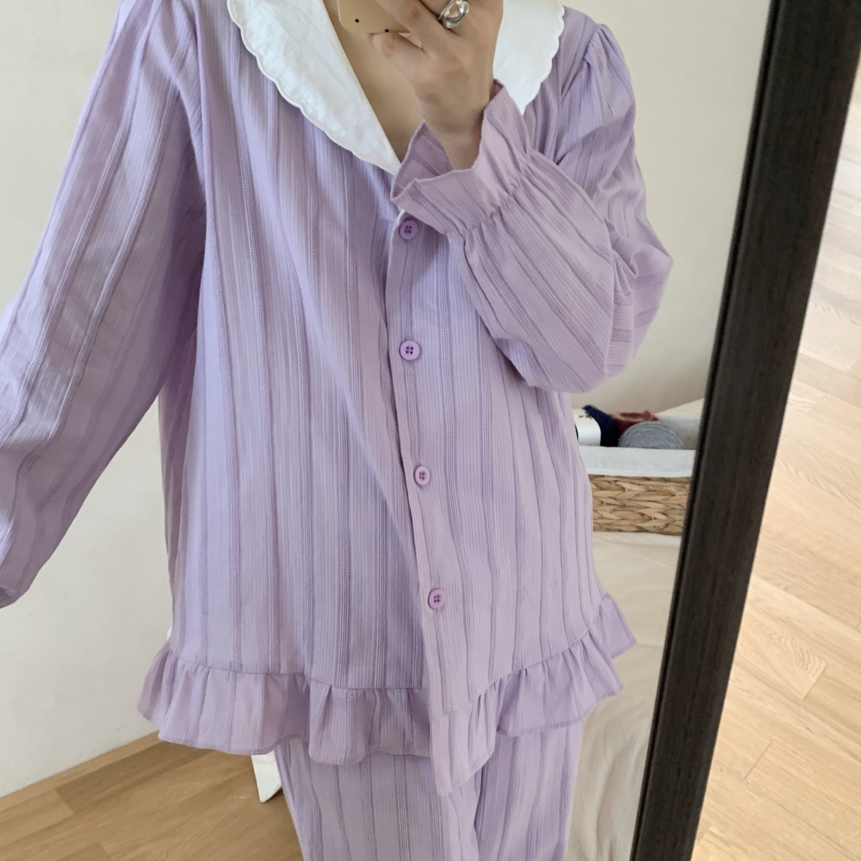 91家纺网 家纺一手货源 找家纺 妍景家居生活馆 2025新款法式提花波浪荷叶边套装 紫色