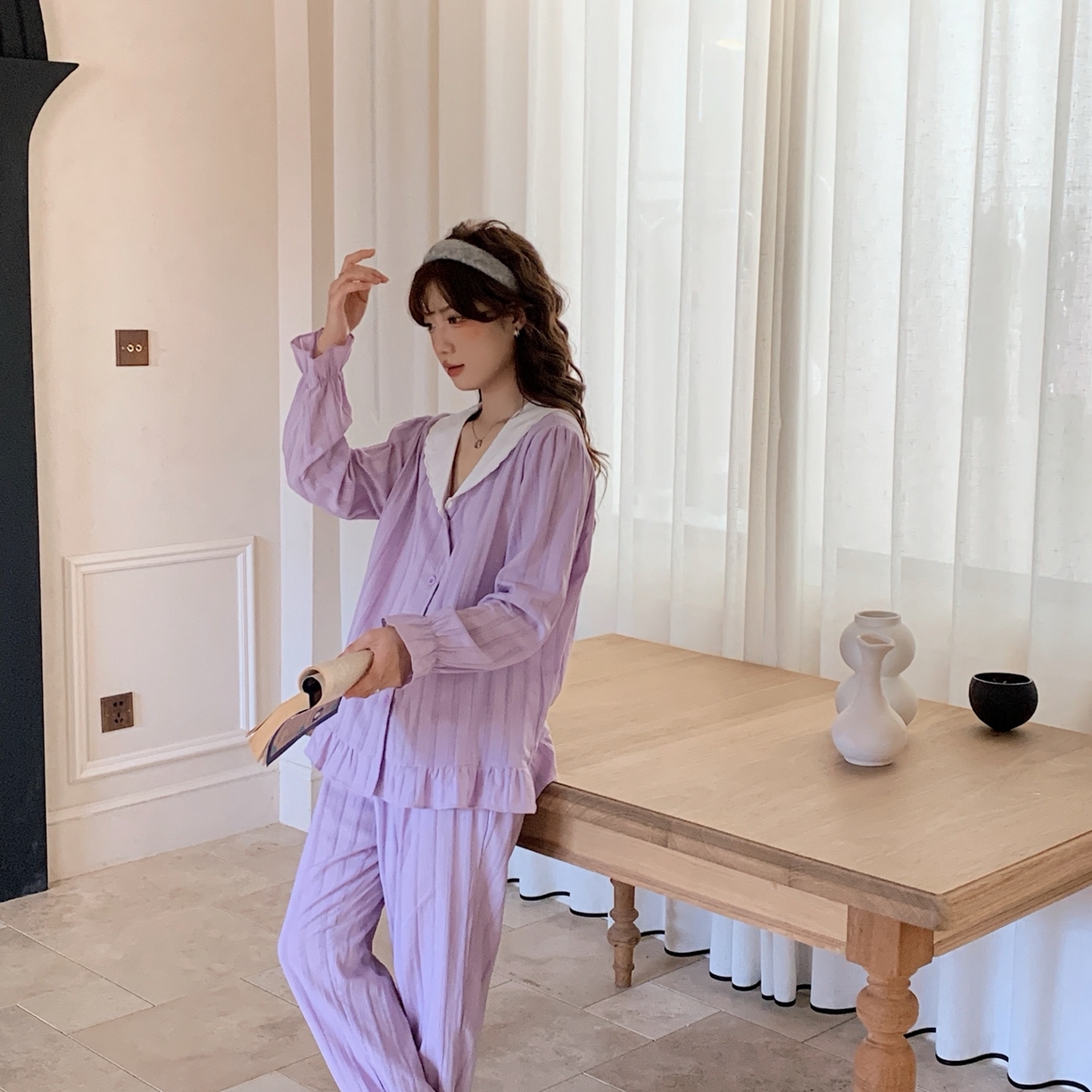 91家纺网 家纺一手货源 找家纺 妍景家居生活馆 2025新款法式提花波浪荷叶边套装 紫色