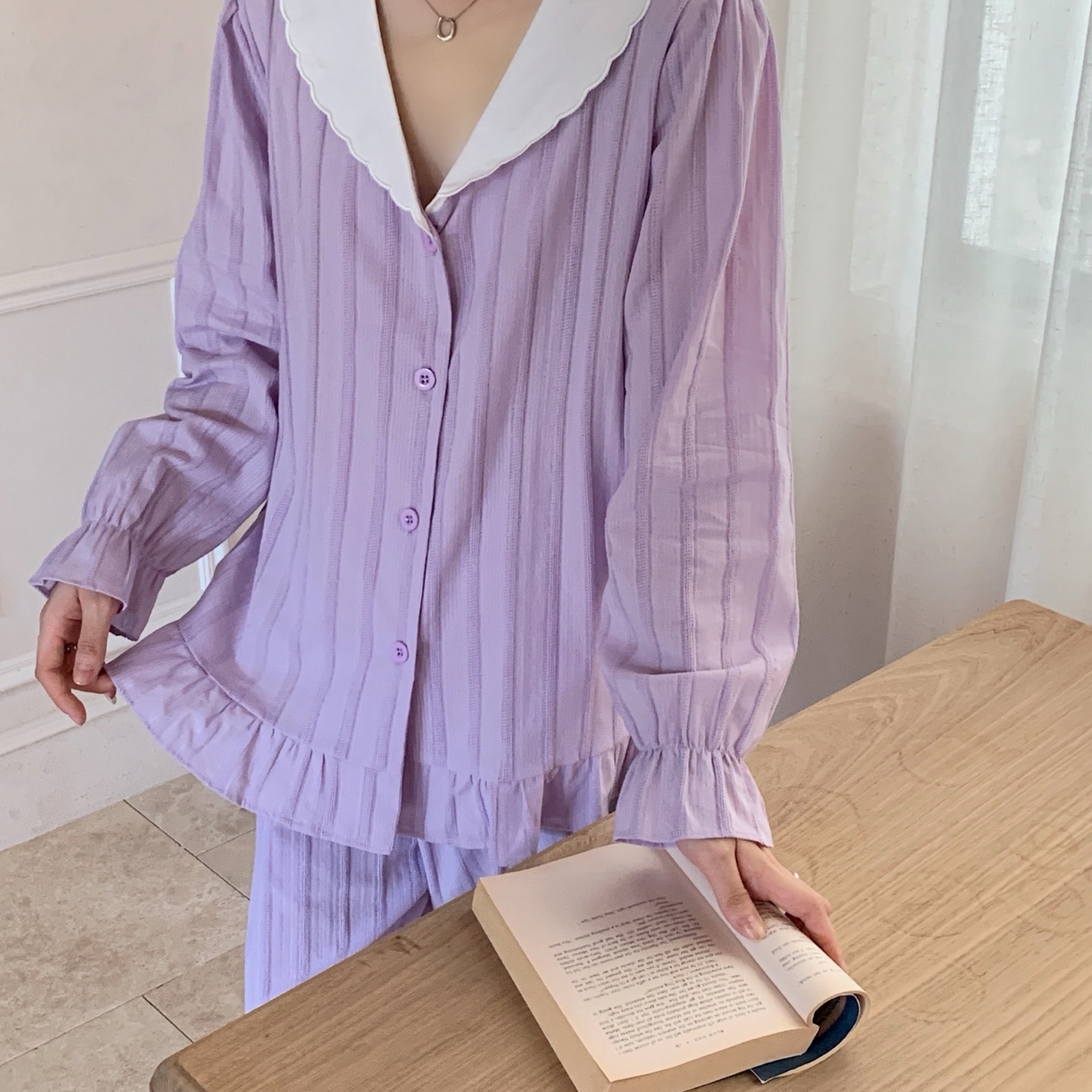 91家纺网 家纺一手货源 找家纺 妍景家居生活馆 2025新款法式提花波浪荷叶边套装 紫色