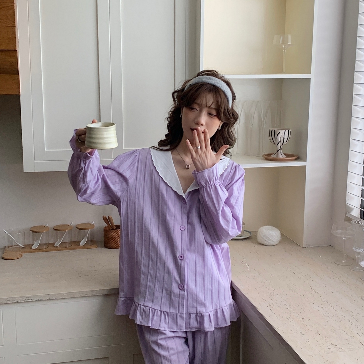 91家纺网 家纺一手货源 找家纺 妍景家居生活馆 2025新款法式提花波浪荷叶边套装 紫色