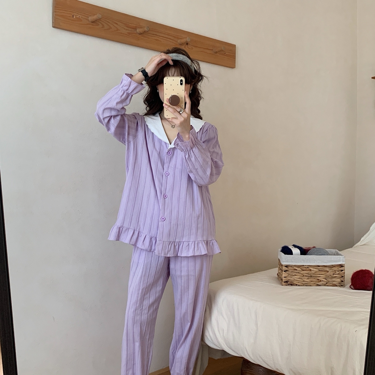 91家纺网 家纺一手货源 找家纺 妍景家居生活馆 2025新款法式提花波浪荷叶边套装 紫色