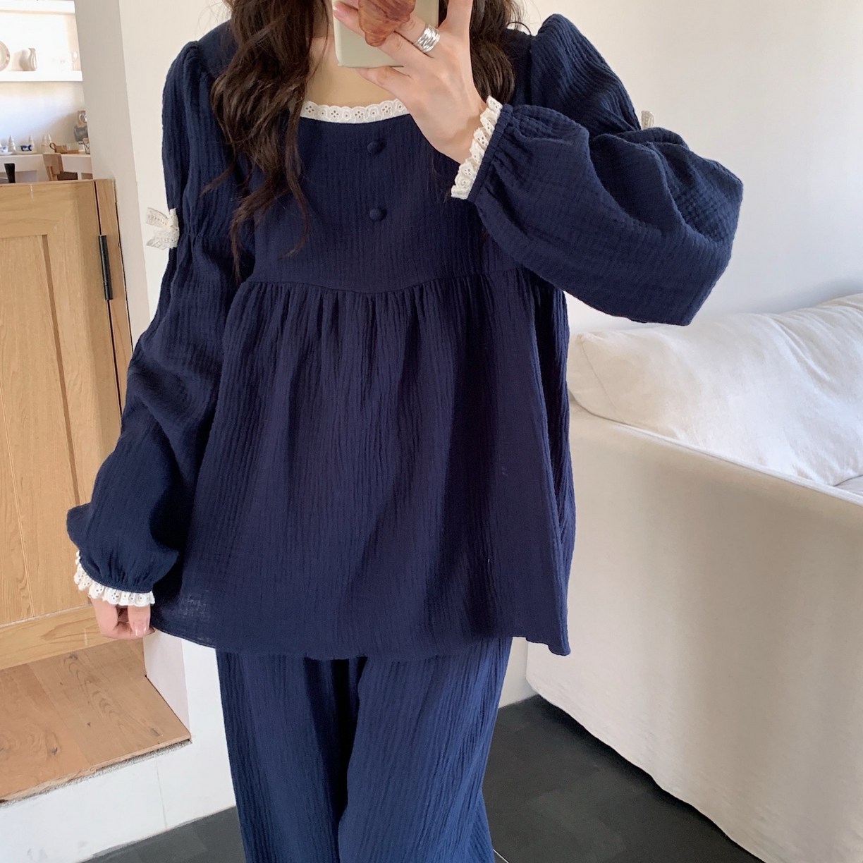 91家纺网 家纺一手货源 找家纺 妍景家居生活馆 2025新款公主风蝴蝶结套装 藏青