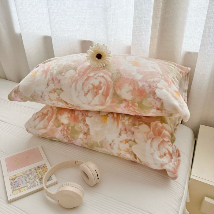 禧缘家纺（原梦想家）2025新款牛奶绒纯色印花双开口枕套 牡丹倾城