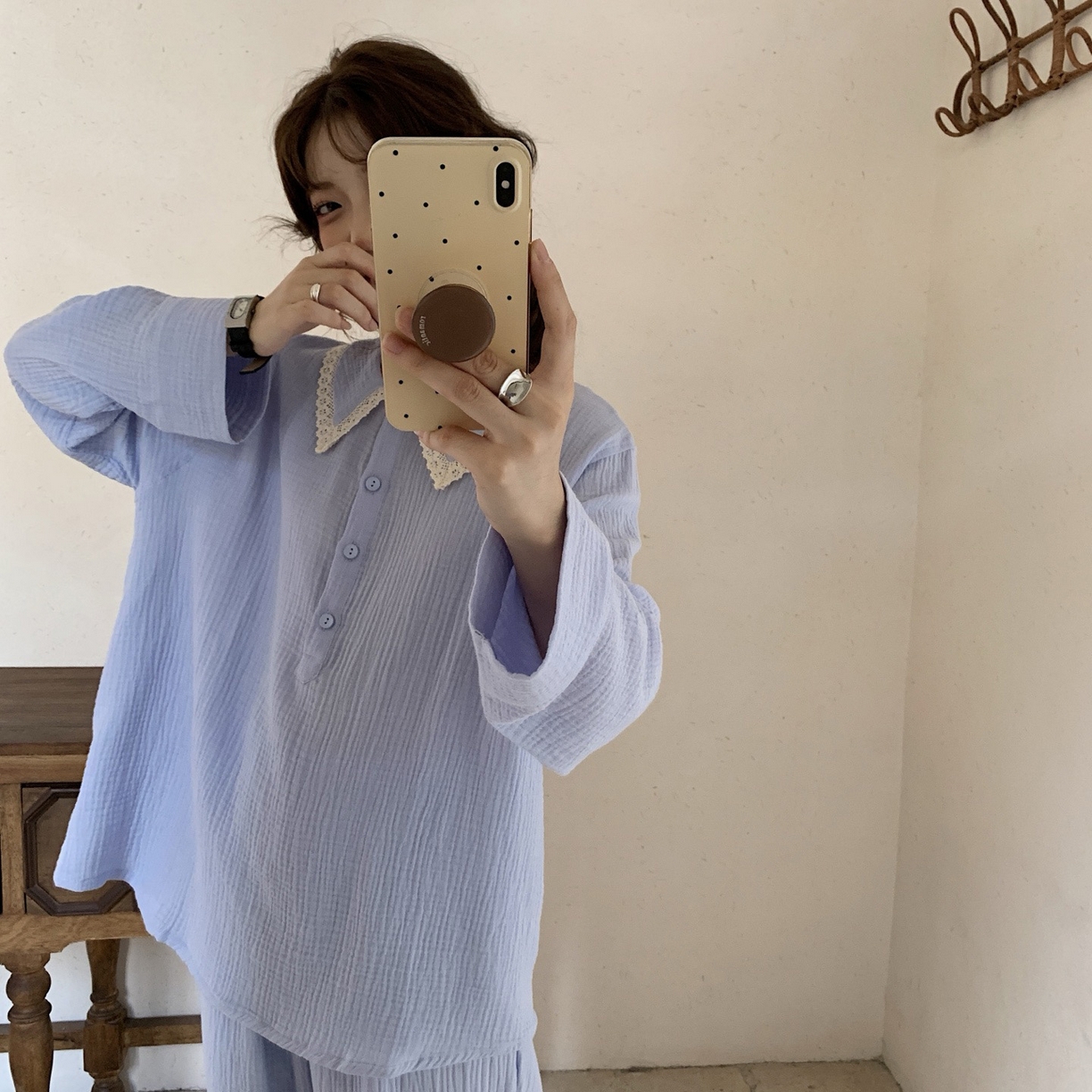 91家纺网 家纺一手货源 找家纺 妍景家居生活馆 2025新款韩系-25153森系娃娃领套装 蓝色