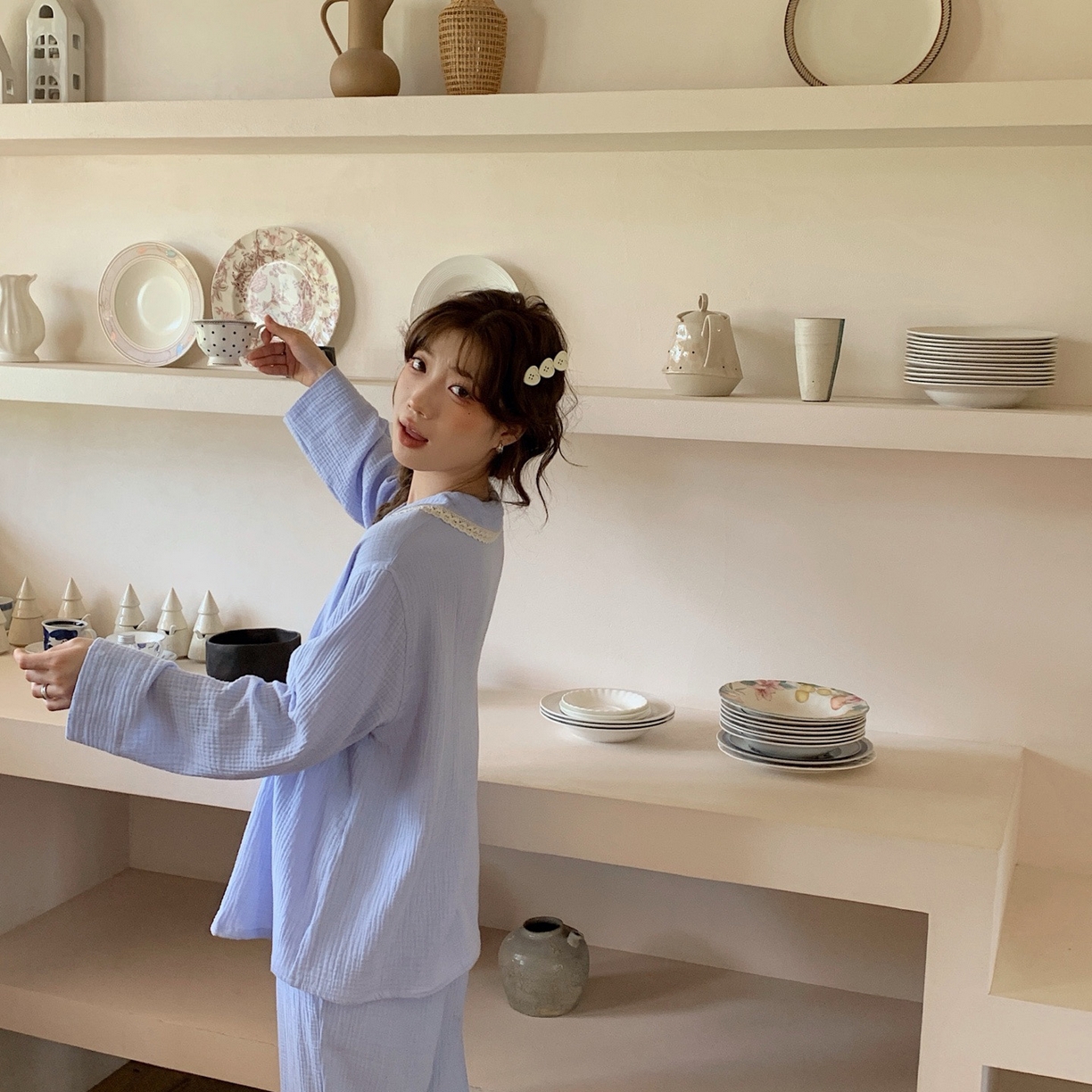 91家纺网 家纺一手货源 找家纺 妍景家居生活馆 2025新款韩系-25153森系娃娃领套装 蓝色