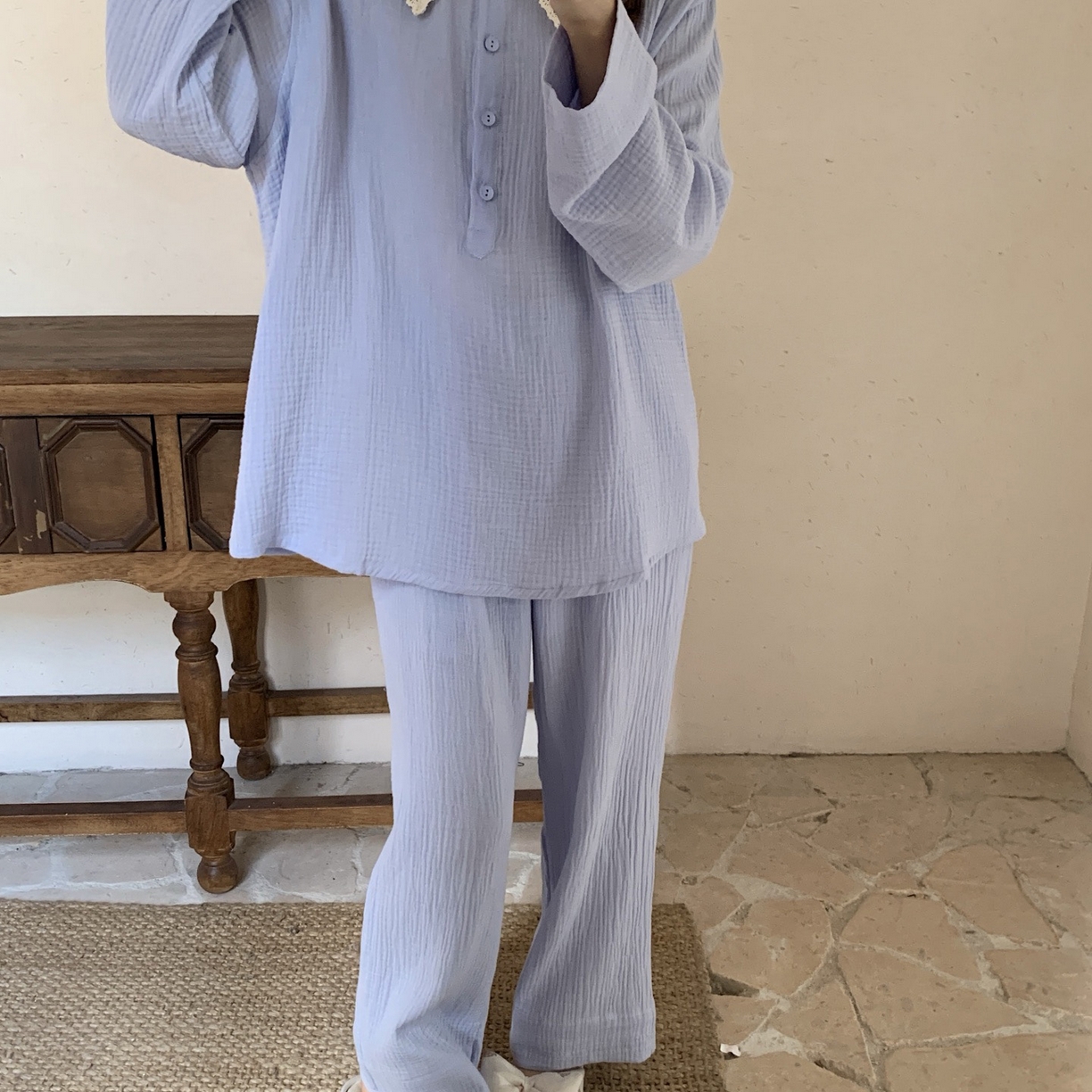 91家纺网 家纺一手货源 找家纺 妍景家居生活馆 2025新款韩系-25153森系娃娃领套装 蓝色