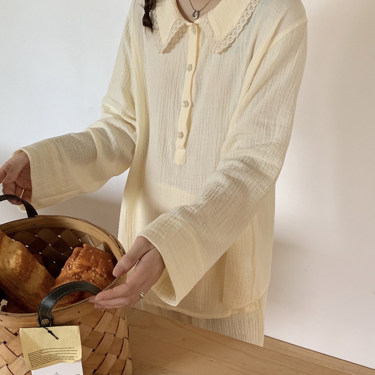 91家纺网 家纺一手货源 找家纺 妍景家居生活馆 2025新款韩系-25153森系娃娃领套装 米色