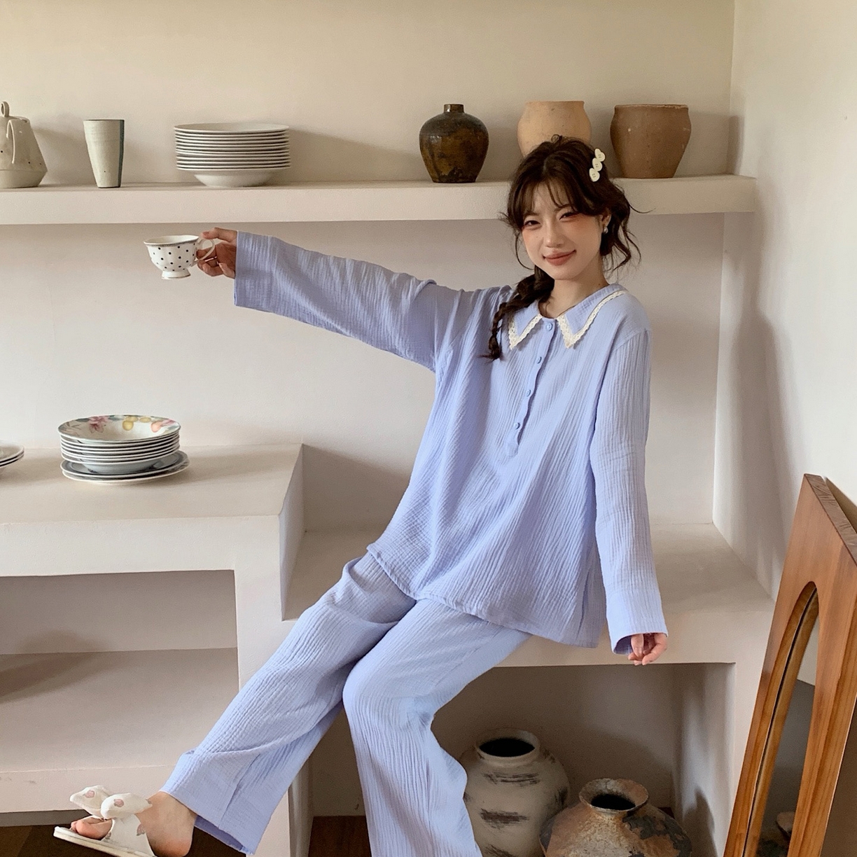 91家纺网 家纺一手货源 找家纺 妍景家居生活馆 2025新款韩系-25153森系娃娃领套装 蓝色