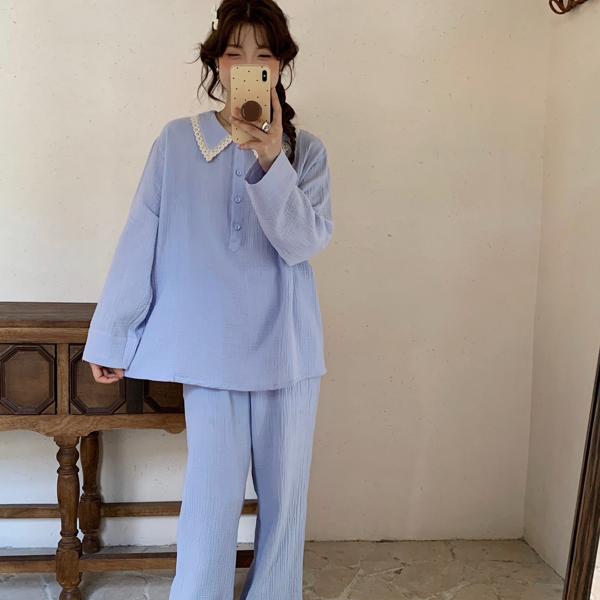 91家纺网 家纺一手货源 找家纺 妍景家居生活馆 2025新款韩系-25153森系娃娃领套装 蓝色