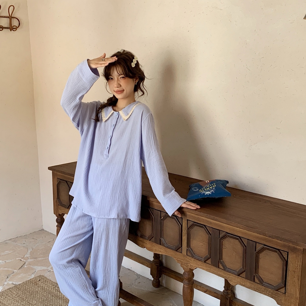 91家纺网 家纺一手货源 找家纺 妍景家居生活馆 2025新款韩系-25153森系娃娃领套装 蓝色