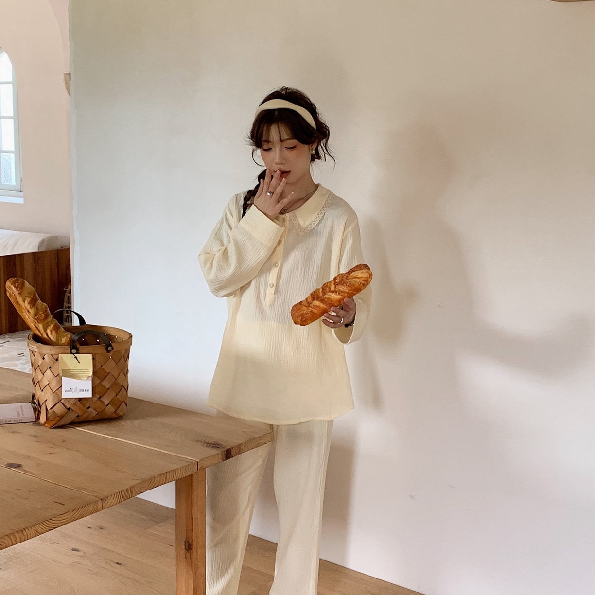 91家纺网 家纺一手货源 找家纺 妍景家居生活馆 2025新款韩系-25153森系娃娃领套装 米色