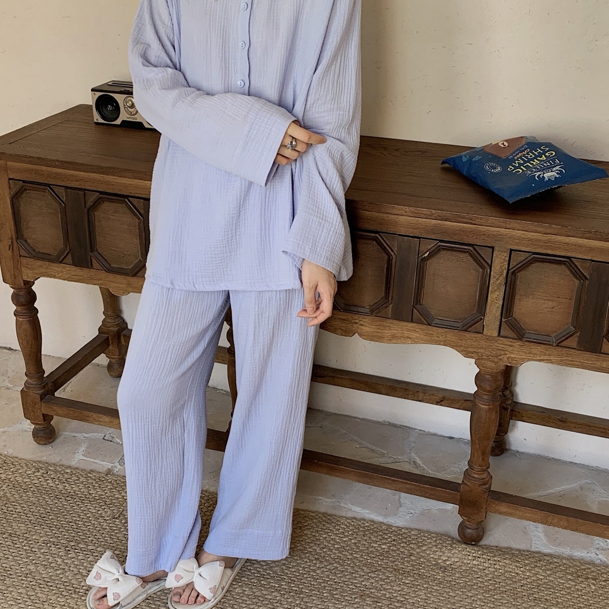 91家纺网 家纺一手货源 找家纺 妍景家居生活馆 2025新款韩系-25153森系娃娃领套装 蓝色