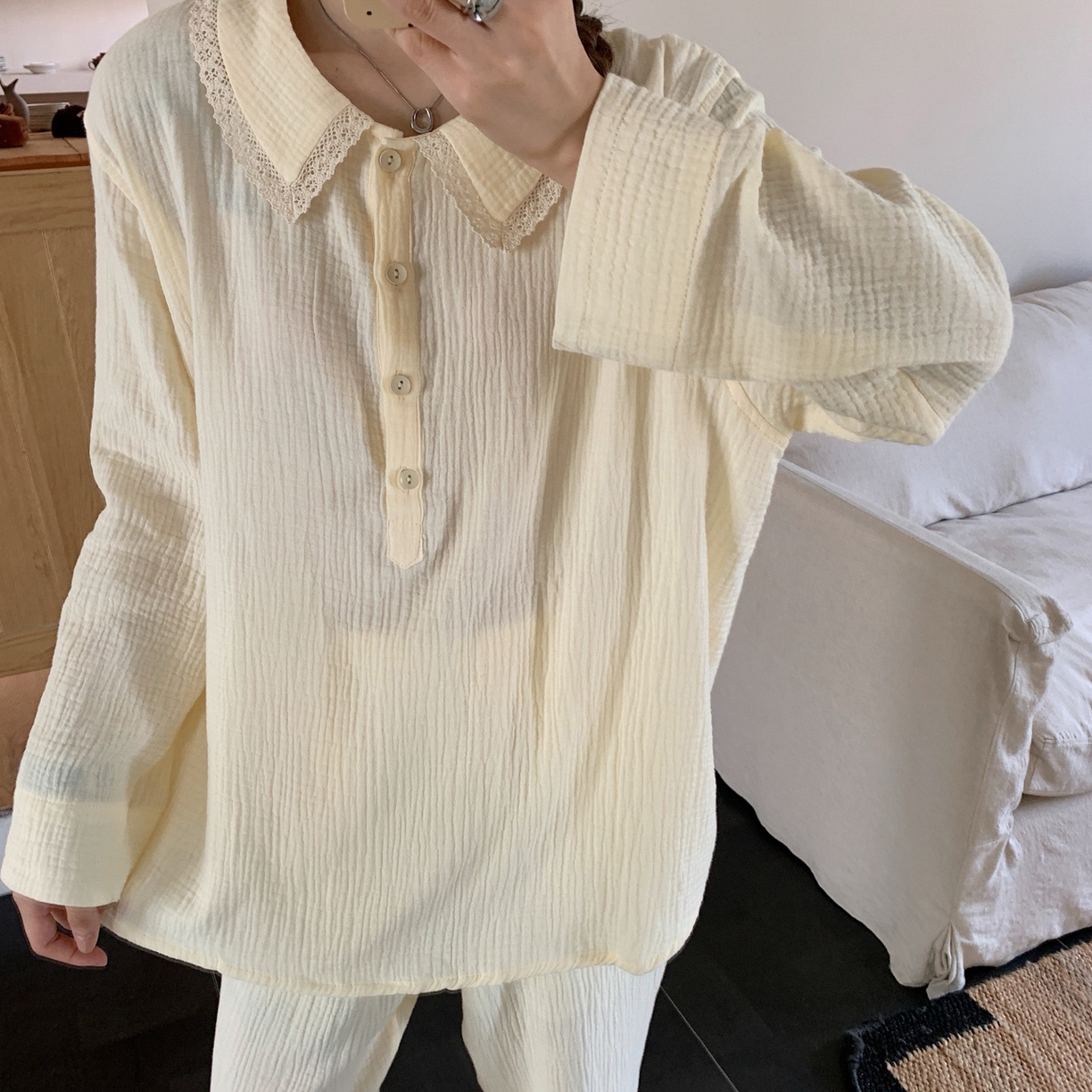 91家纺网 家纺一手货源 找家纺 妍景家居生活馆 2025新款韩系-25153森系娃娃领套装 米色