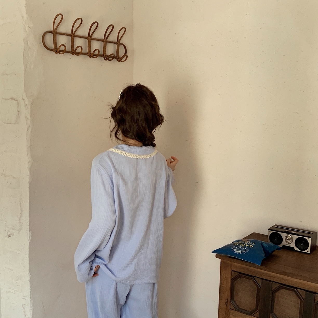 91家纺网 家纺一手货源 找家纺 妍景家居生活馆 2025新款韩系-25153森系娃娃领套装 蓝色