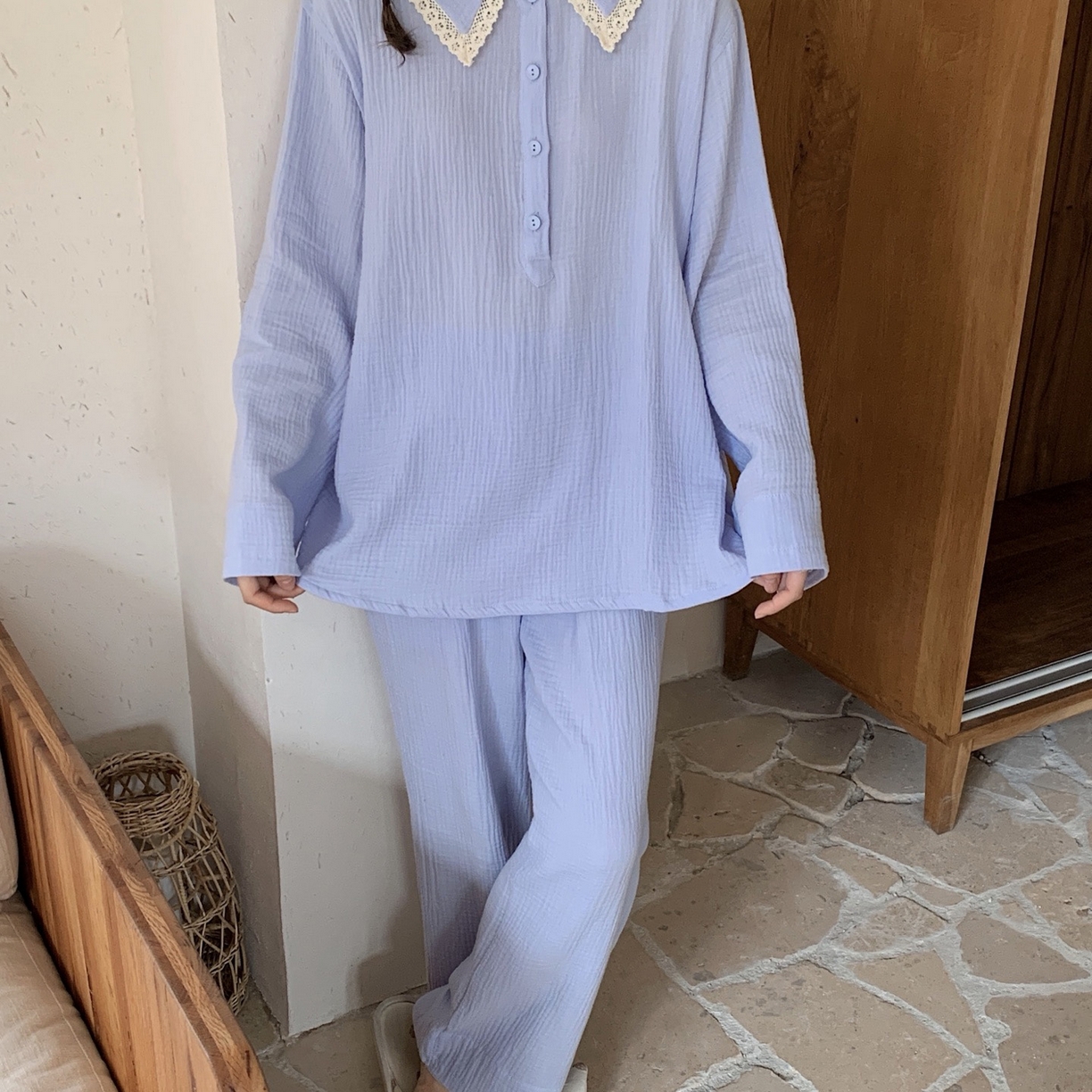 妍景家居生活馆 2025新款韩系-25153森系娃娃领套装 蓝色