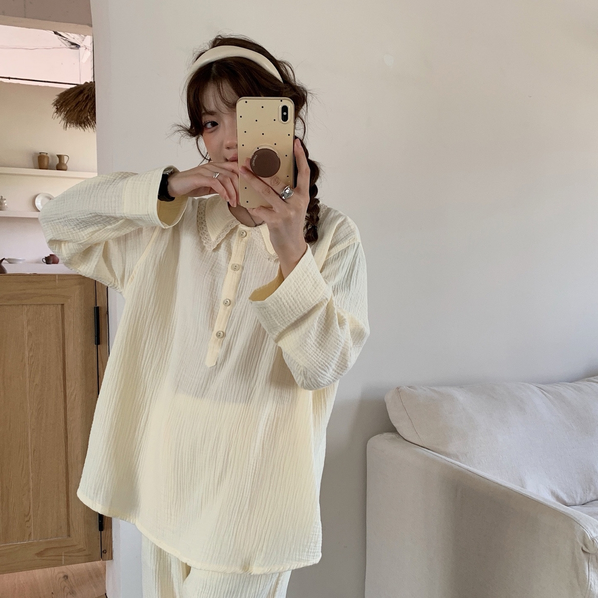 91家纺网 家纺一手货源 找家纺 妍景家居生活馆 2025新款韩系-25153森系娃娃领套装 米色