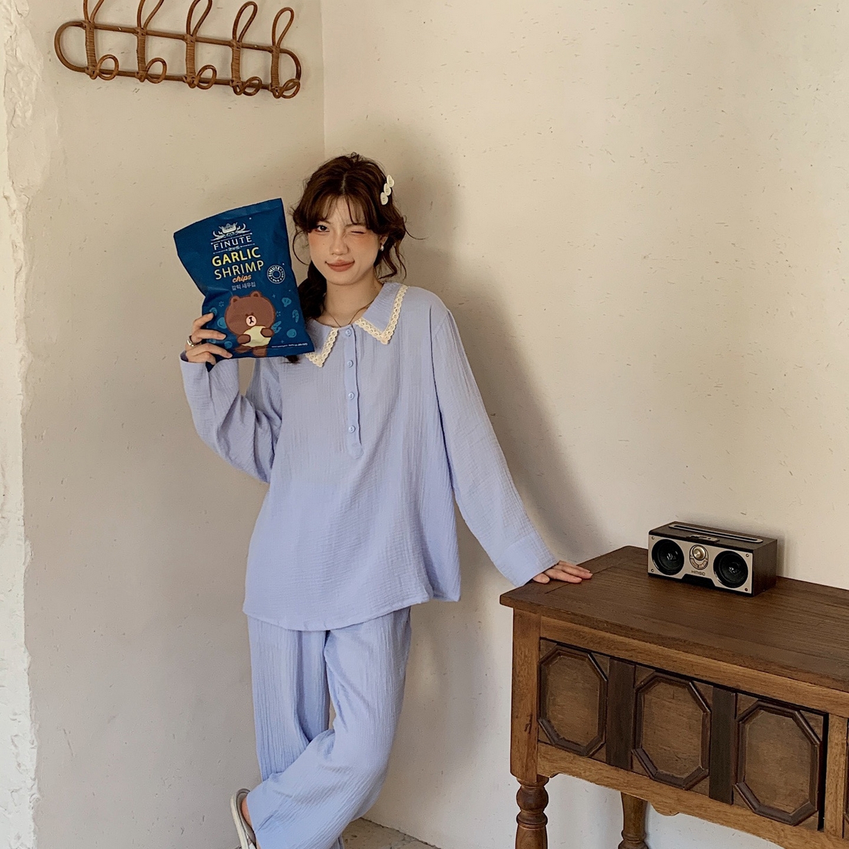 91家纺网 家纺一手货源 找家纺 妍景家居生活馆 2025新款韩系-25153森系娃娃领套装 蓝色