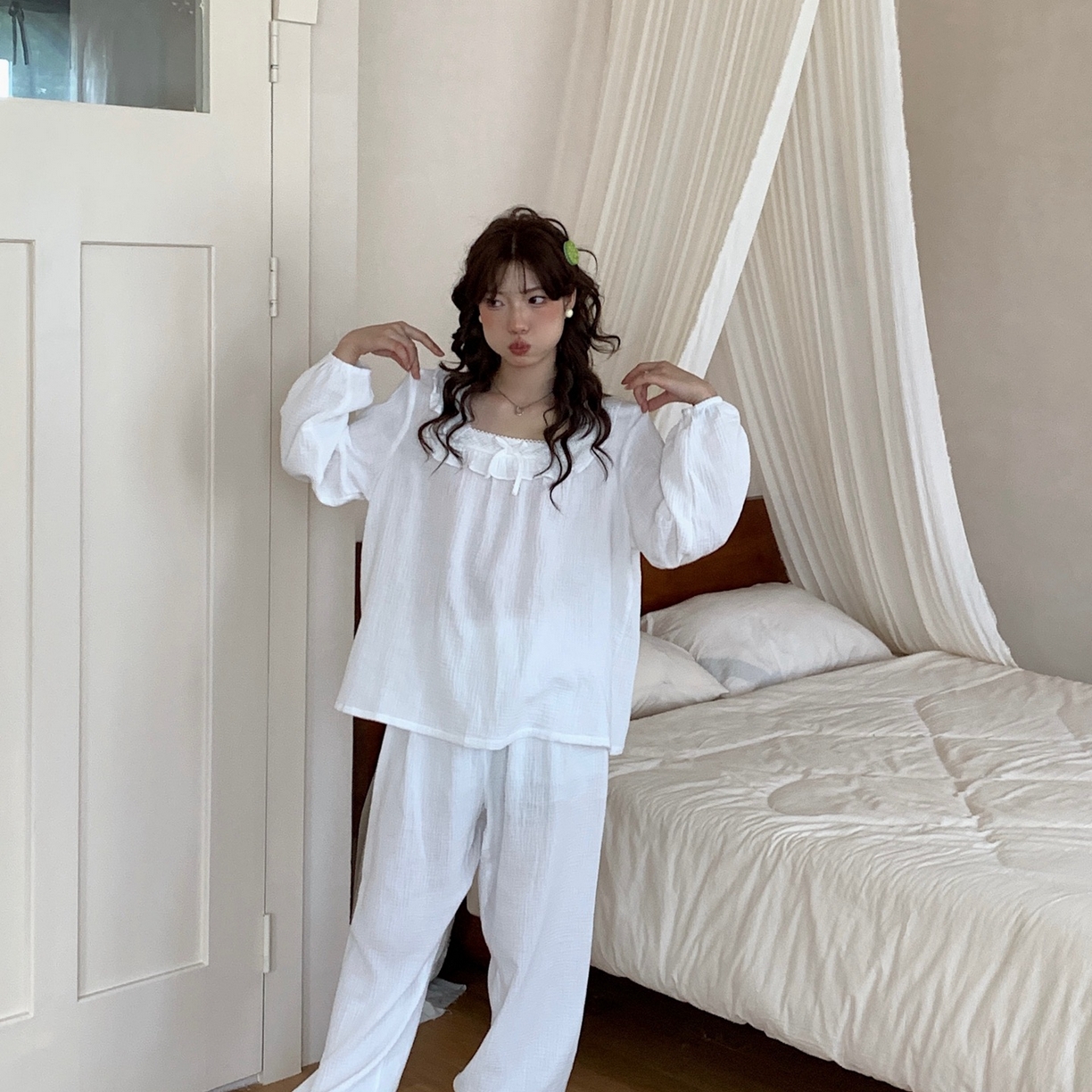 91家纺网 家纺一手货源 找家纺 妍景家居生活馆 2025新款韩系-25155公主宫廷风套装 白色