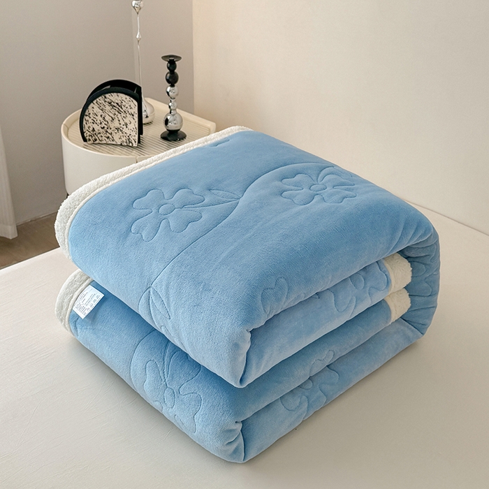 91家纺网 家纺一手货源 找家纺 宜派家纺 2025新款A类婴儿绒北极绒羽丝棉三层夹棉盖毯 晴空蓝【双面绒夹棉】