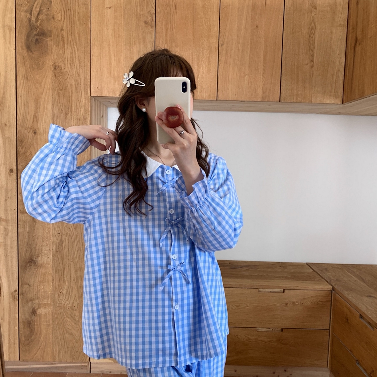 91家纺网 家纺一手货源 找家纺 妍景家居生活馆 2025新款韩系全棉纯棉娃娃领格子蝴蝶结套装 蓝色