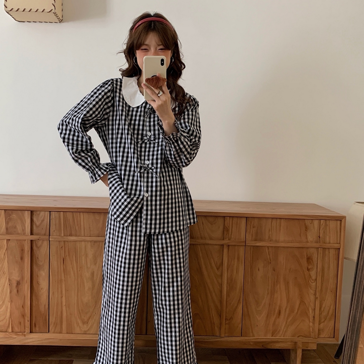 91家纺网 家纺一手货源 找家纺 妍景家居生活馆 2025新款韩系全棉纯棉娃娃领格子蝴蝶结套装 黑色