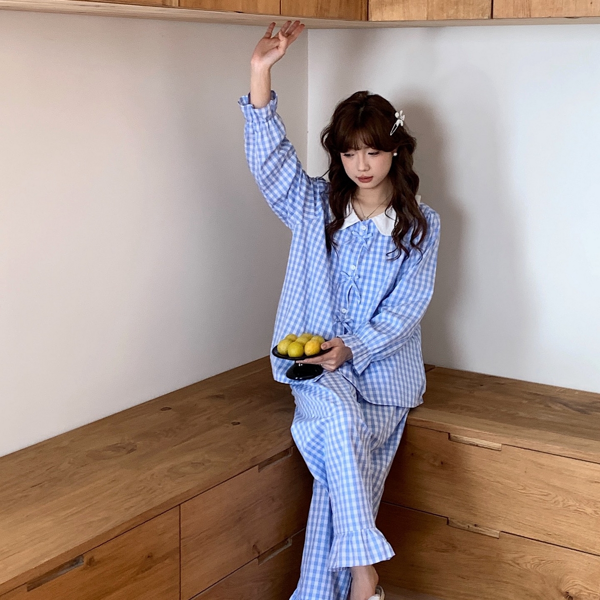 91家纺网 家纺一手货源 找家纺 妍景家居生活馆 2025新款韩系全棉纯棉娃娃领格子蝴蝶结套装 蓝色