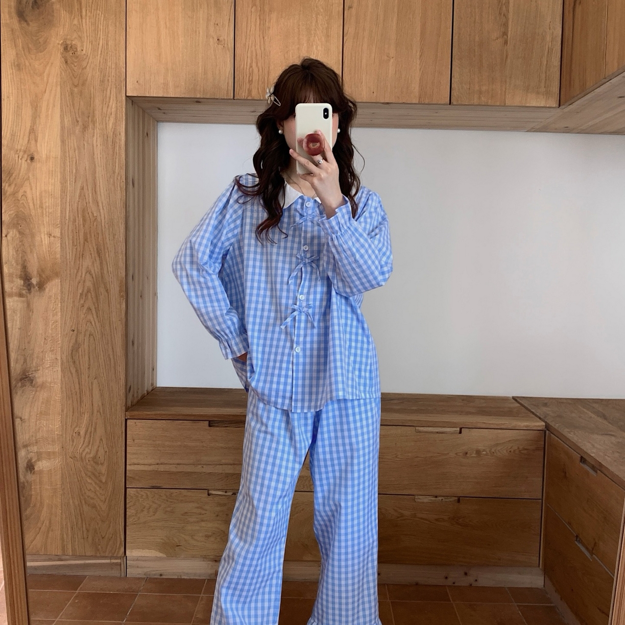 91家纺网 家纺一手货源 找家纺 妍景家居生活馆 2025新款韩系全棉纯棉娃娃领格子蝴蝶结套装 蓝色