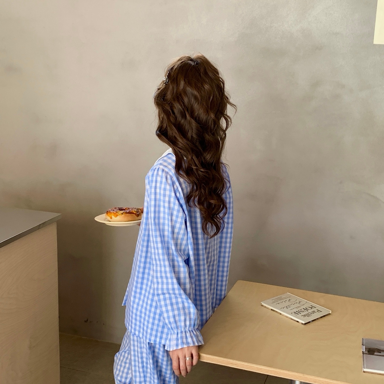 91家纺网 家纺一手货源 找家纺 妍景家居生活馆 2025新款韩系全棉纯棉娃娃领格子蝴蝶结套装 蓝色