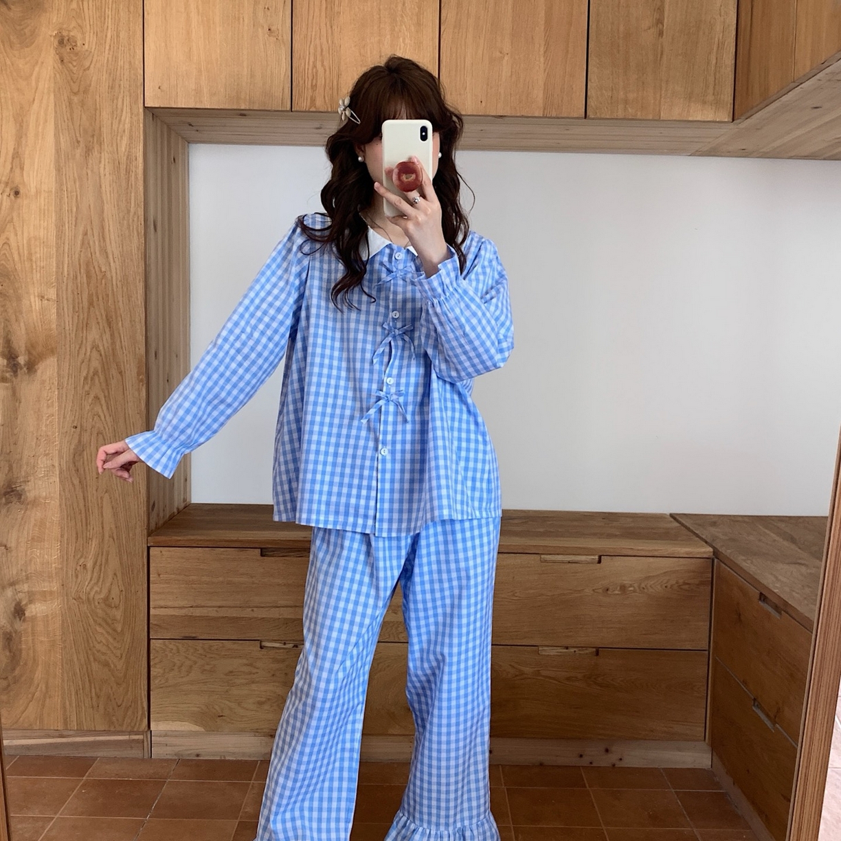 91家纺网 家纺一手货源 找家纺 妍景家居生活馆 2025新款韩系全棉纯棉娃娃领格子蝴蝶结套装 蓝色