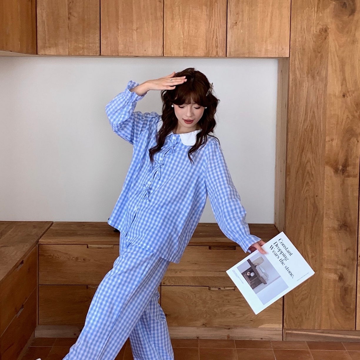 91家纺网 家纺一手货源 找家纺 妍景家居生活馆 2025新款韩系全棉纯棉娃娃领格子蝴蝶结套装 蓝色