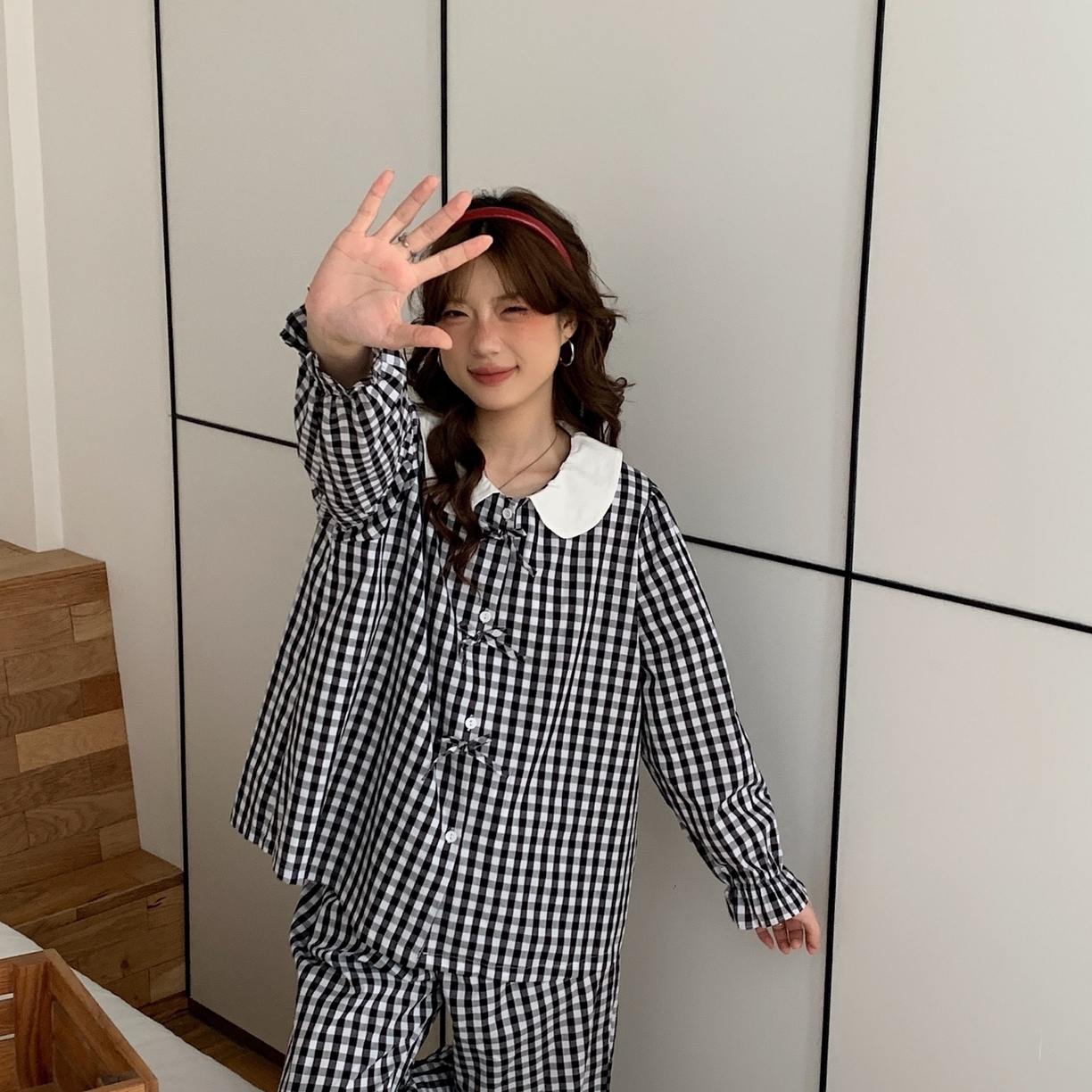 91家纺网 家纺一手货源 找家纺 妍景家居生活馆 2025新款韩系全棉纯棉娃娃领格子蝴蝶结套装 黑色