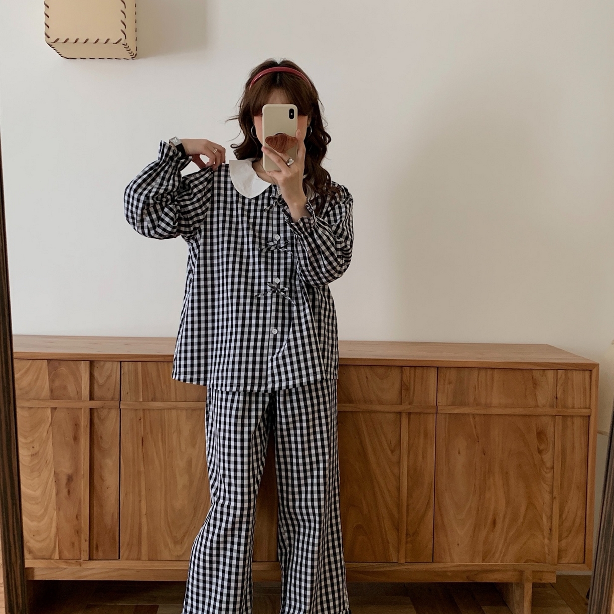 91家纺网 家纺一手货源 找家纺 妍景家居生活馆 2025新款韩系全棉纯棉娃娃领格子蝴蝶结套装 黑色