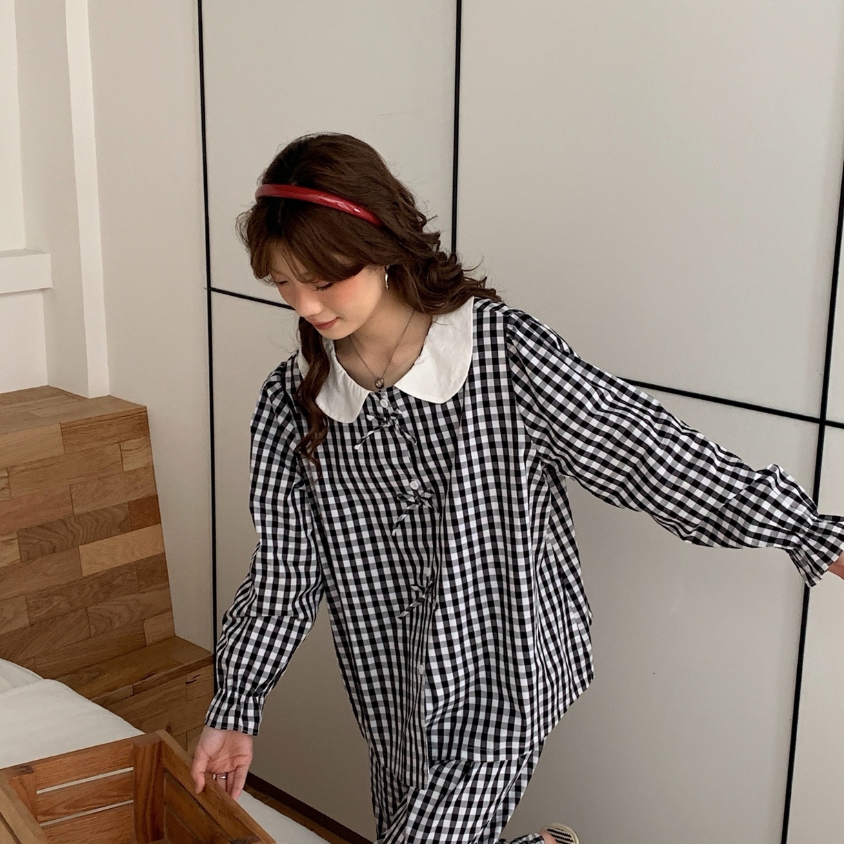 91家纺网 家纺一手货源 找家纺 妍景家居生活馆 2025新款韩系全棉纯棉娃娃领格子蝴蝶结套装 黑色