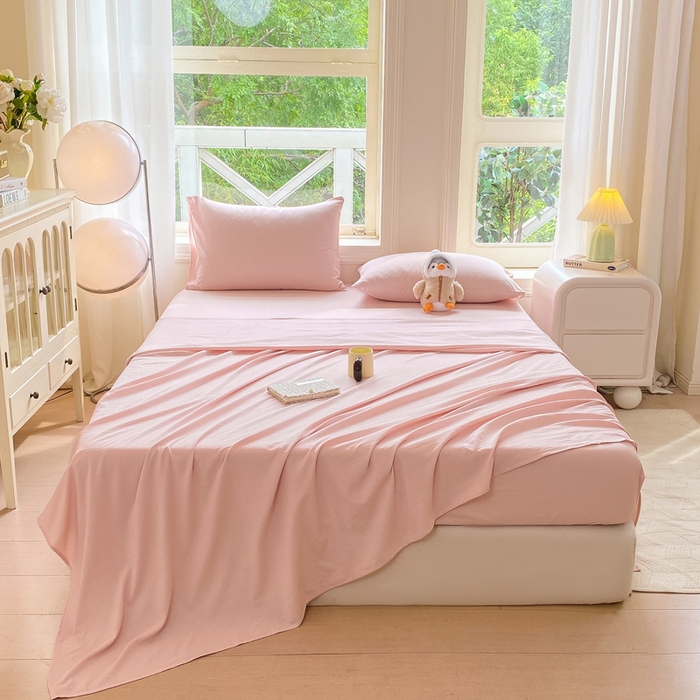 91家纺网 家纺一手货源 找家纺 朵朵家纺 2025新款云感提花双层纱纯色单床单被单（可定做尺寸） 樱花粉